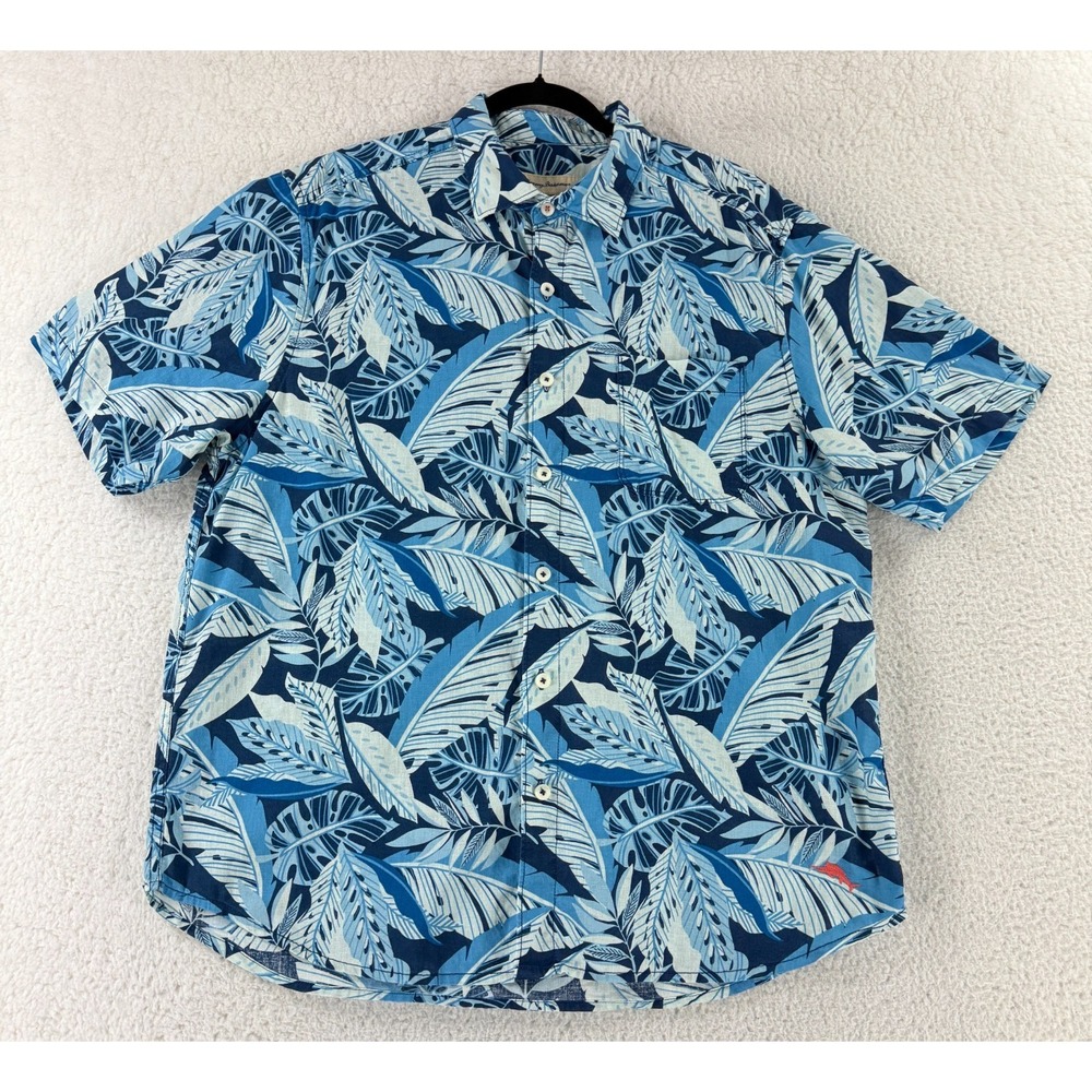 Tommy Bahama Button-Up Shirt Mens Large Blue Cotton Linen‎ Blend Short Sleeve